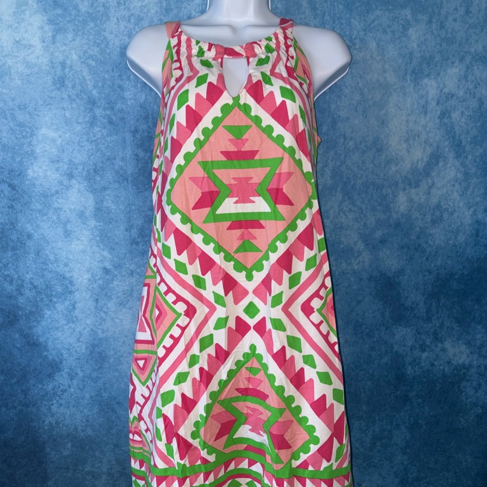 Barbara Gerwit Geometric Print Shift Dress in Pink & Green